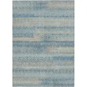 Photo of Teal Blue And Beige Striped Washable Indoor Outdoor Area Rug