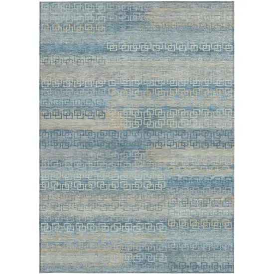 Teal Blue And Beige Striped Washable Indoor Outdoor Area Rug Photo 1