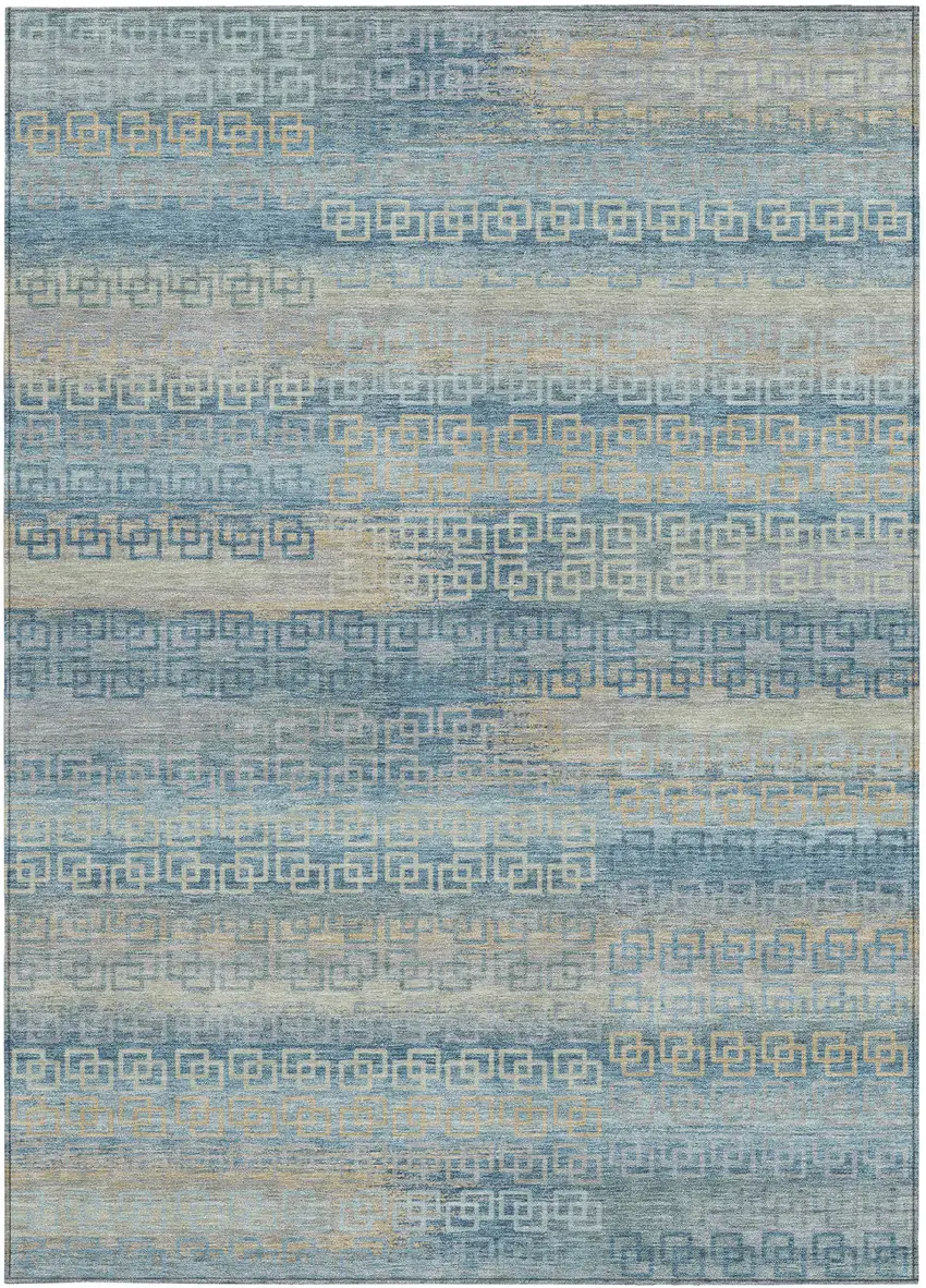 Teal Blue And Beige Striped Washable Indoor Outdoor Area Rug Photo 1