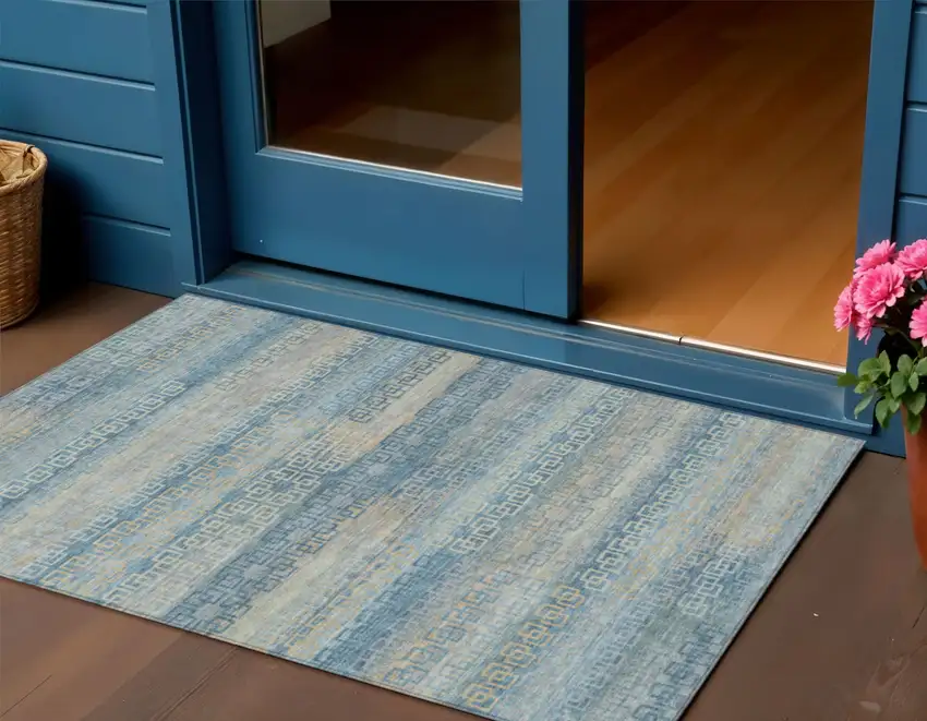 Teal Blue And Beige Striped Washable Indoor Outdoor Area Rug Photo 2