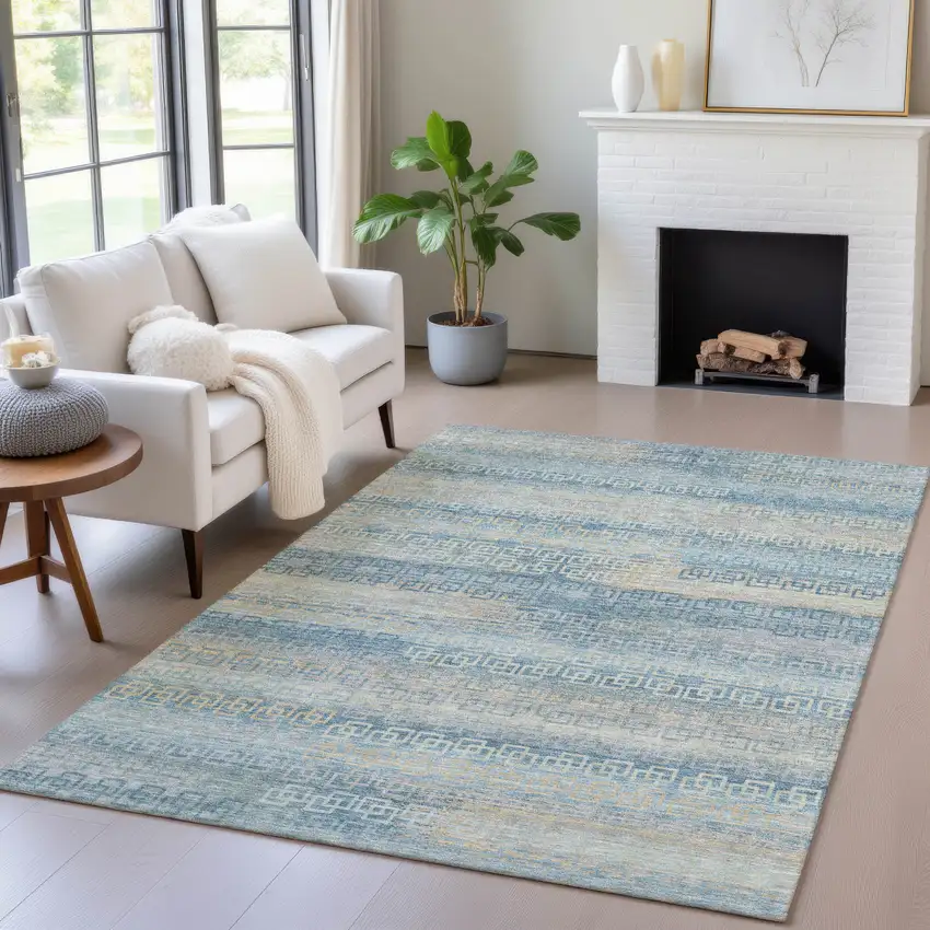 Teal Blue And Beige Striped Washable Indoor Outdoor Area Rug Photo 5