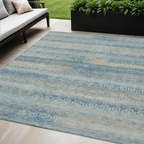 Teal Blue And Beige Striped Washable Indoor Outdoor Area Rug Photo 2