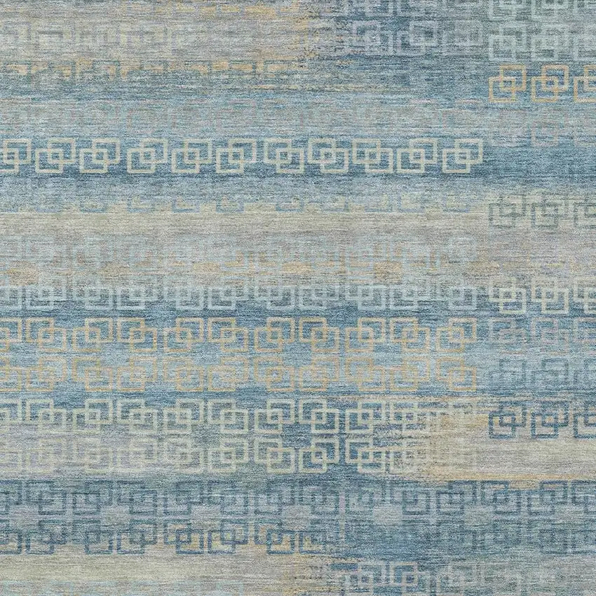Teal Blue And Beige Striped Washable Indoor Outdoor Area Rug Photo 3