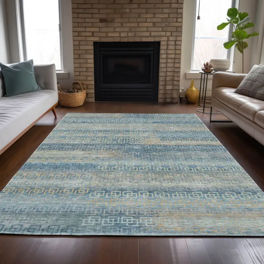Teal Blue And Beige Striped Washable Indoor Outdoor Area Rug Photo 7