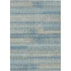 Photo of Teal Blue And Beige Striped Washable Indoor Outdoor Area Rug