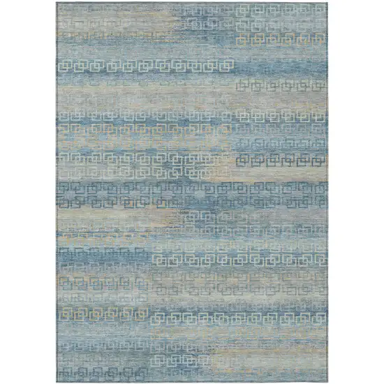 Teal Blue And Beige Striped Washable Indoor Outdoor Area Rug Photo 1