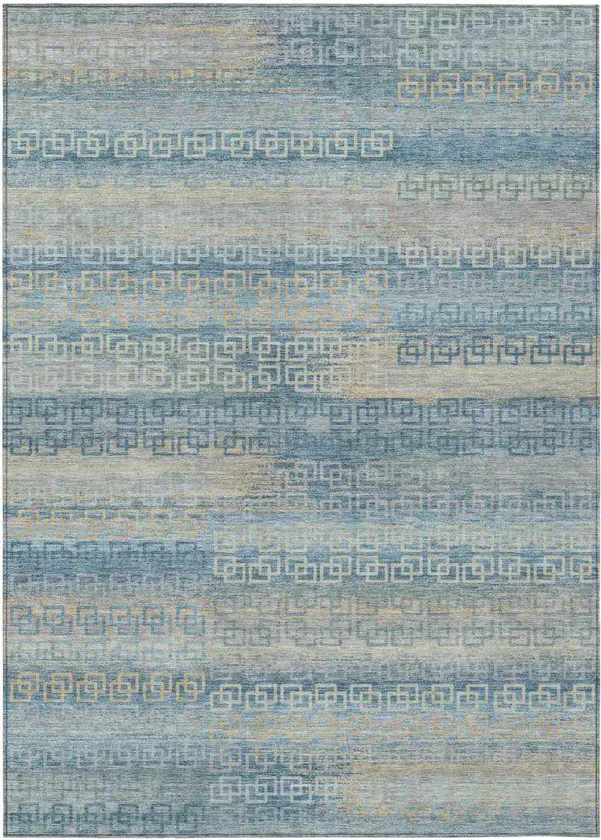 Teal Blue And Beige Striped Washable Indoor Outdoor Area Rug Photo 1