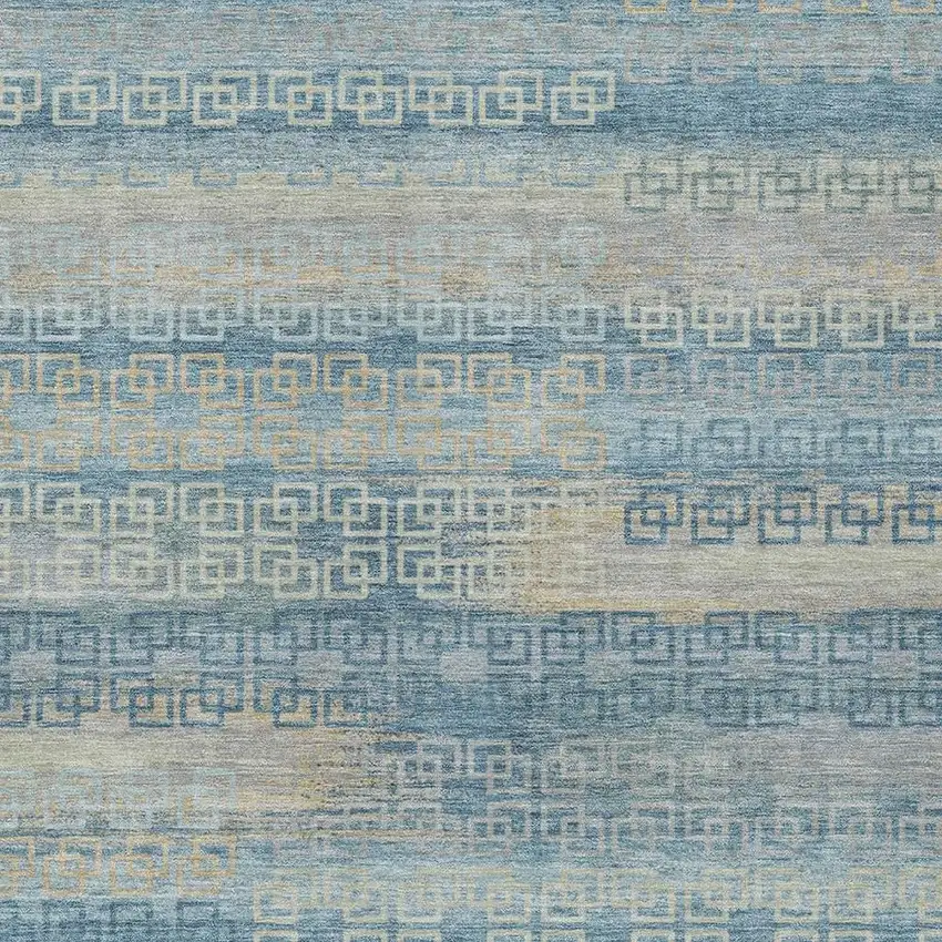 Teal Blue And Beige Striped Washable Indoor Outdoor Area Rug Photo 3