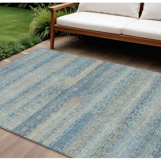 Teal Blue And Beige Striped Washable Indoor Outdoor Area Rug Photo 2