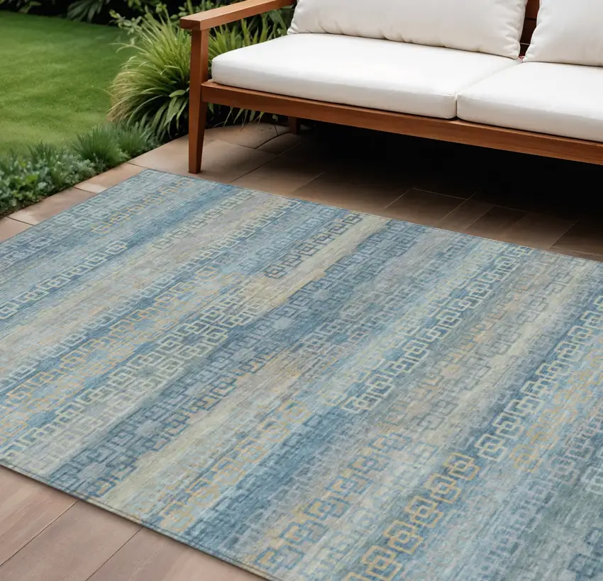 Teal Blue And Beige Striped Washable Indoor Outdoor Area Rug Photo 2