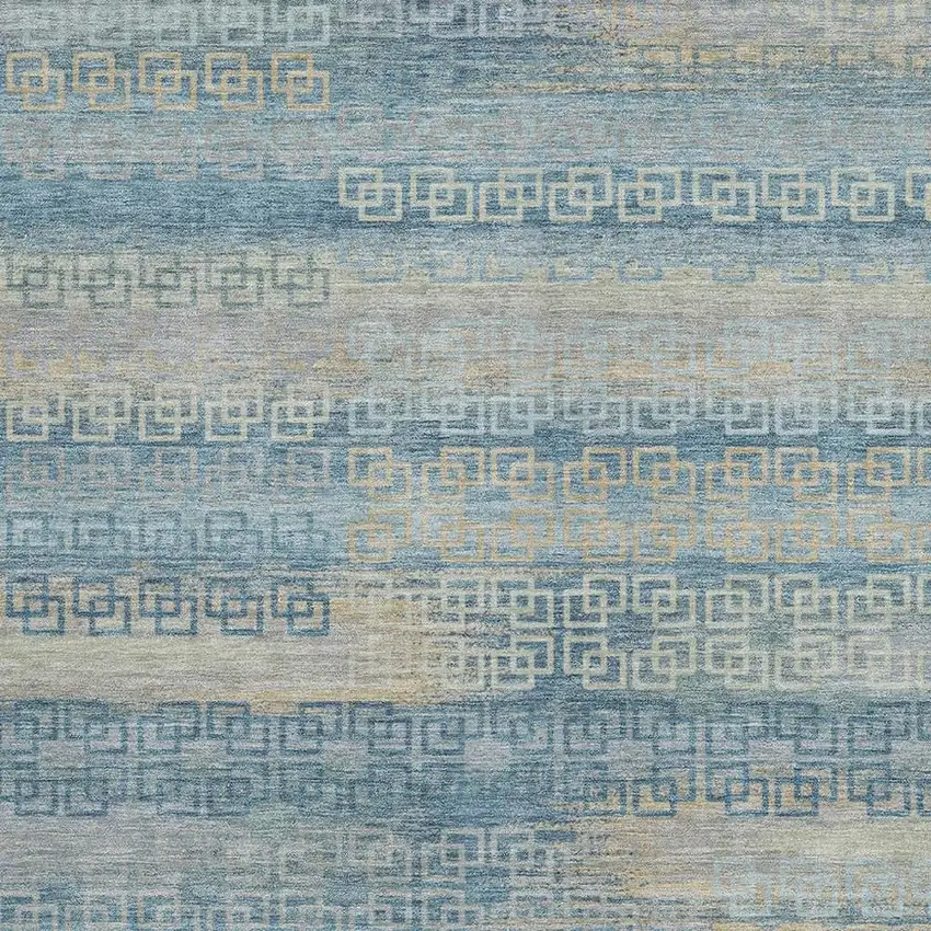 Teal Blue And Beige Striped Washable Indoor Outdoor Area Rug Photo 3