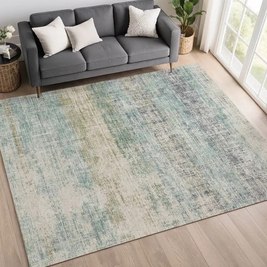 Teal Blue And Beige Striped Washable Indoor Outdoor Area Rug Photo 5