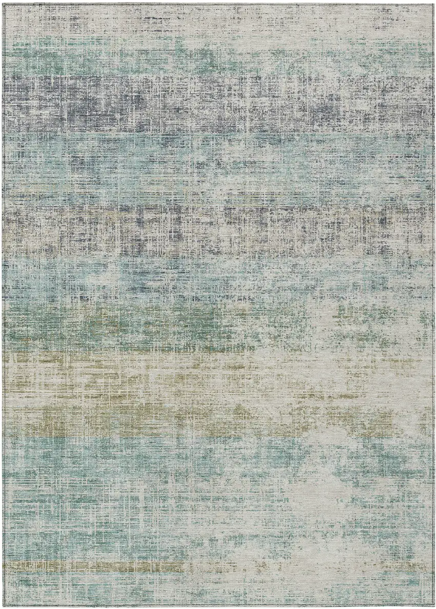 Teal Blue And Beige Striped Washable Indoor Outdoor Area Rug Photo 1