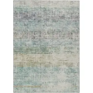 Photo of Teal Blue And Beige Striped Washable Indoor Outdoor Area Rug