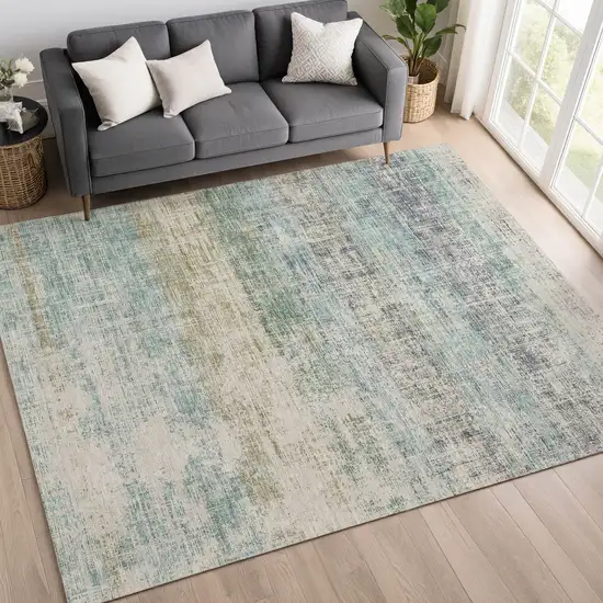 Teal Blue And Beige Striped Washable Indoor Outdoor Area Rug Photo 5