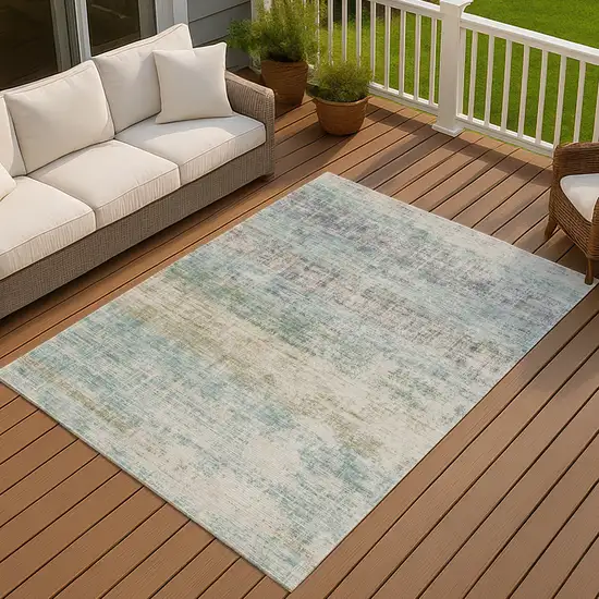 Teal Blue And Beige Striped Washable Indoor Outdoor Area Rug Photo 4