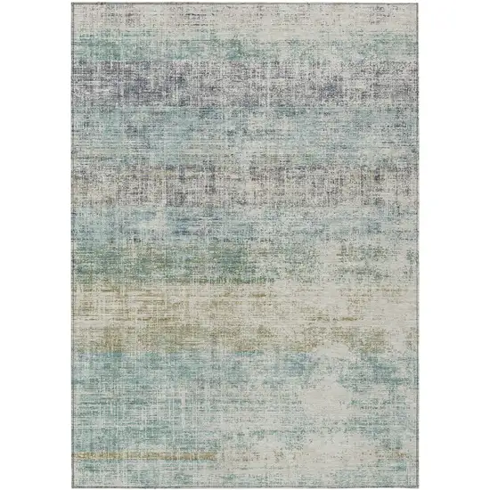 Teal Blue And Beige Striped Washable Indoor Outdoor Area Rug Photo 1