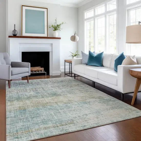 Teal Blue And Beige Striped Washable Indoor Outdoor Area Rug Photo 6