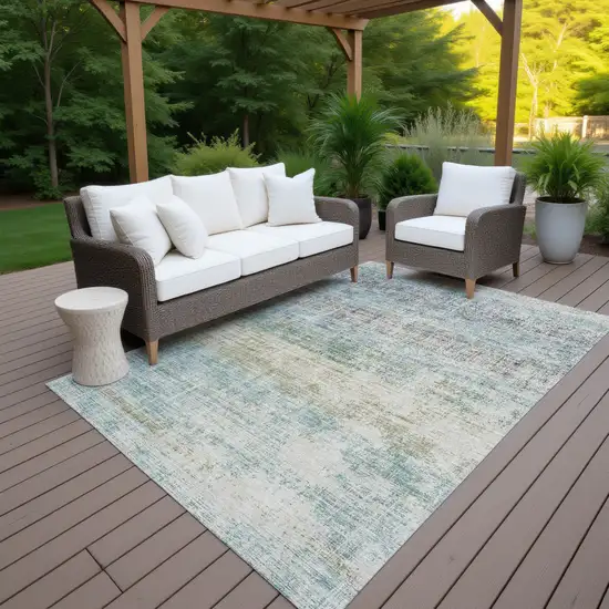 Teal Blue And Beige Striped Washable Indoor Outdoor Area Rug Photo 7