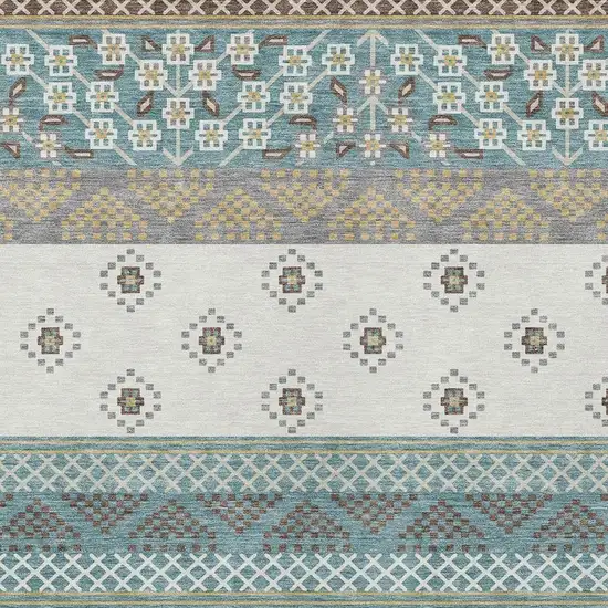 Teal Blue And Beige Striped Washable Indoor Outdoor Area Rug Photo 3