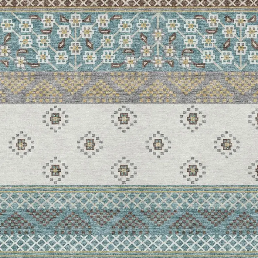 Teal Blue And Beige Striped Washable Indoor Outdoor Area Rug Photo 3