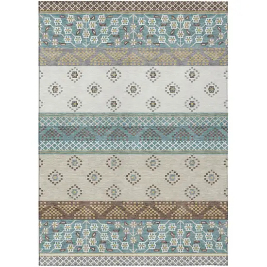 Teal Blue And Beige Striped Washable Indoor Outdoor Area Rug Photo 2