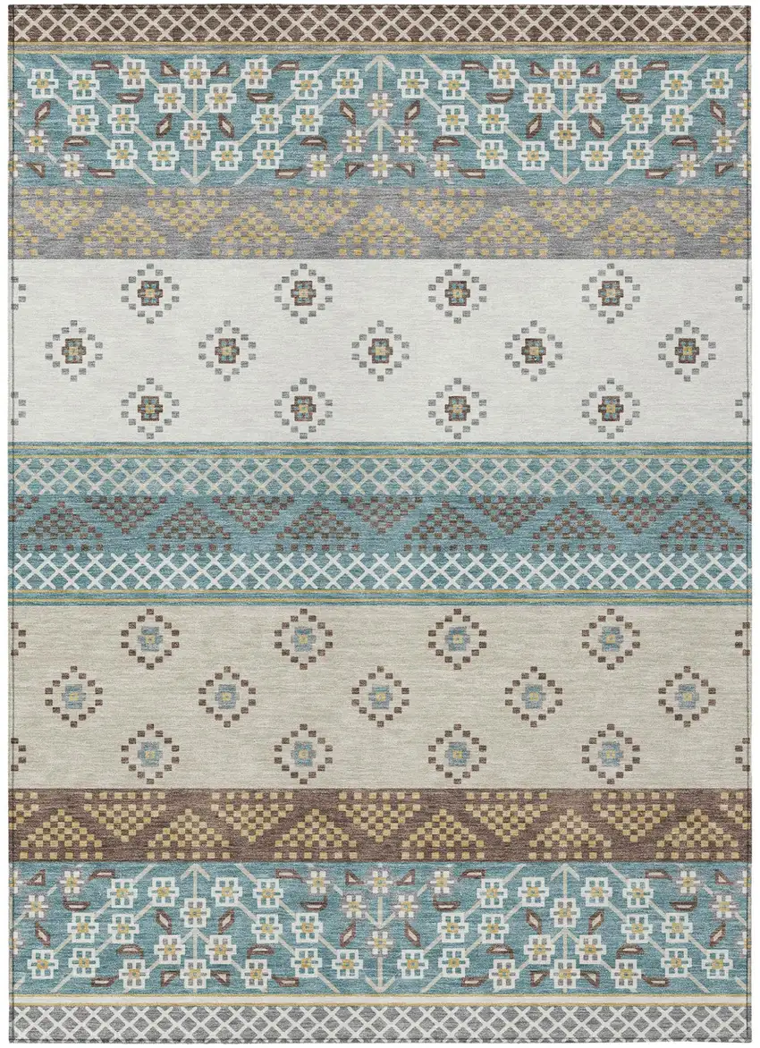Teal Blue And Beige Striped Washable Indoor Outdoor Area Rug Photo 2