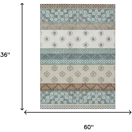Teal Blue And Beige Striped Washable Indoor Outdoor Area Rug Photo 9