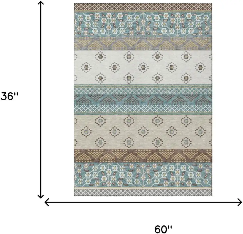 Teal Blue And Beige Striped Washable Indoor Outdoor Area Rug Photo 9