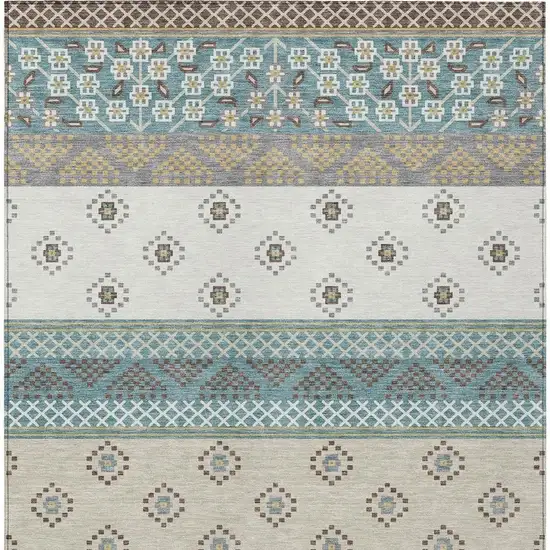 Teal Blue And Beige Striped Washable Indoor Outdoor Area Rug Photo 6