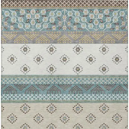 Teal Blue And Beige Striped Washable Indoor Outdoor Area Rug Photo 4