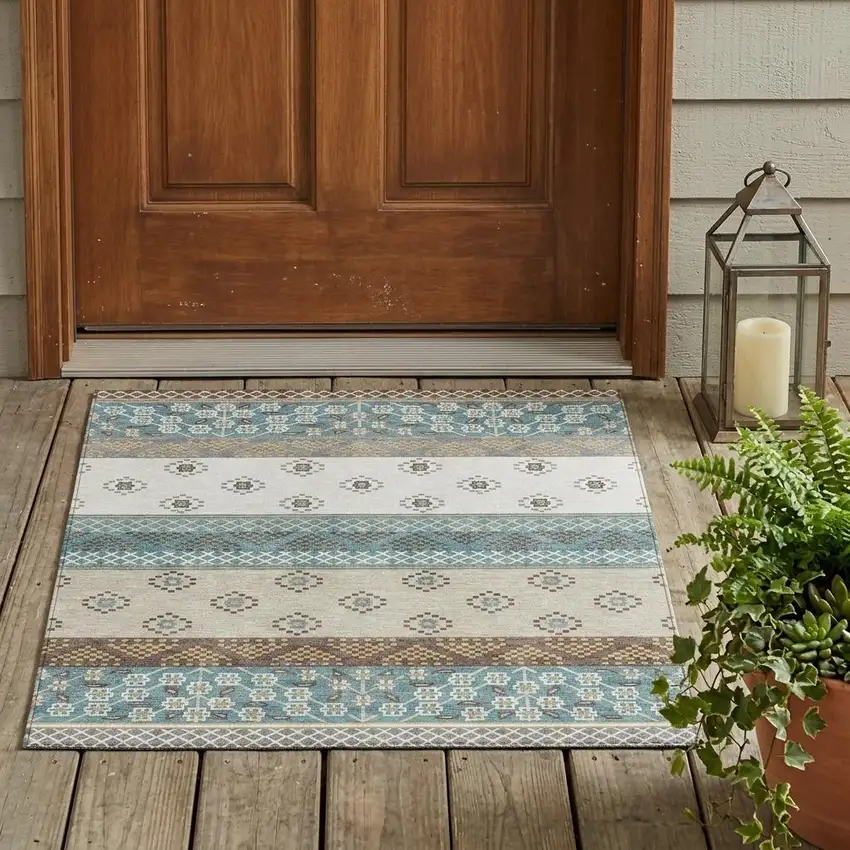 Teal Blue And Beige Striped Washable Indoor Outdoor Area Rug Photo 1