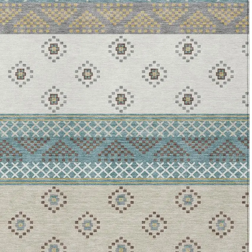 Teal Blue And Beige Striped Washable Indoor Outdoor Area Rug Photo 5