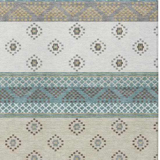 Teal Blue And Beige Striped Washable Indoor Outdoor Area Rug Photo 5