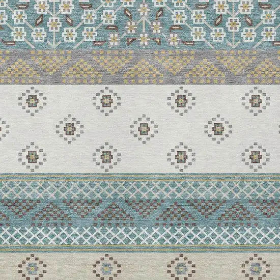 Teal Blue And Beige Striped Washable Indoor Outdoor Area Rug Photo 5