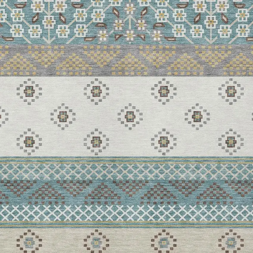 Teal Blue And Beige Striped Washable Indoor Outdoor Area Rug Photo 5