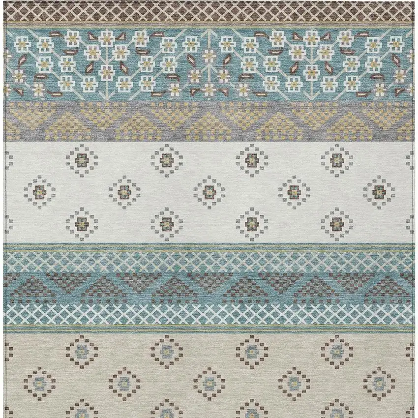Teal Blue And Beige Striped Washable Indoor Outdoor Area Rug Photo 4