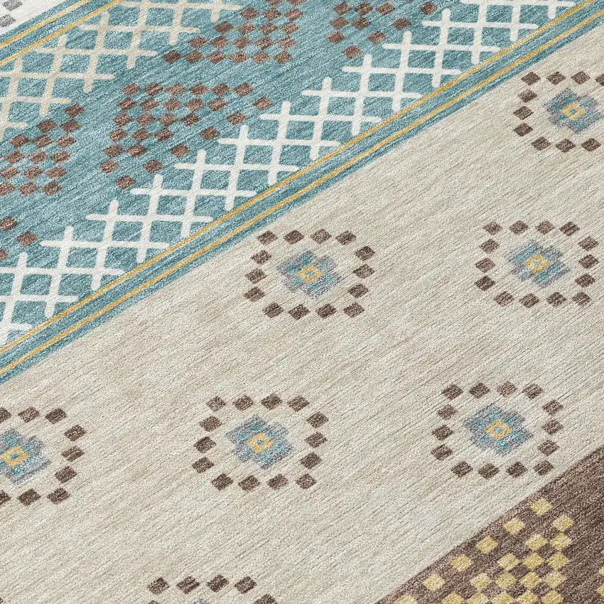 Teal Blue And Beige Striped Washable Indoor Outdoor Area Rug Photo 8