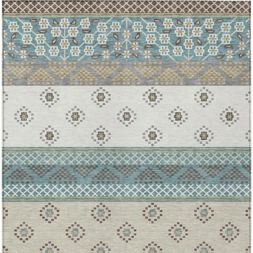 Teal Blue And Beige Striped Washable Indoor Outdoor Area Rug Photo 6