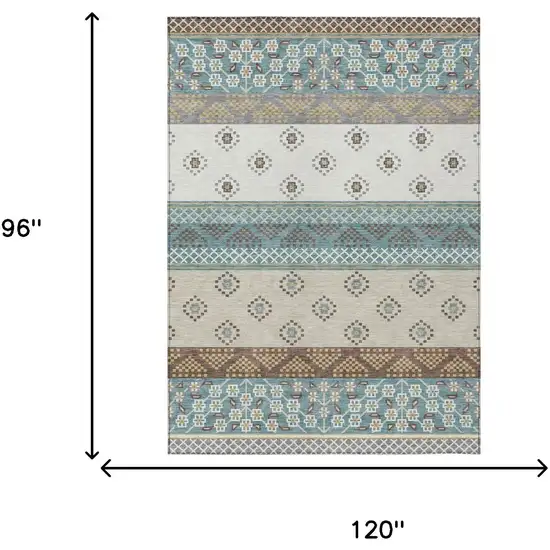 Teal Blue And Beige Striped Washable Indoor Outdoor Area Rug Photo 9