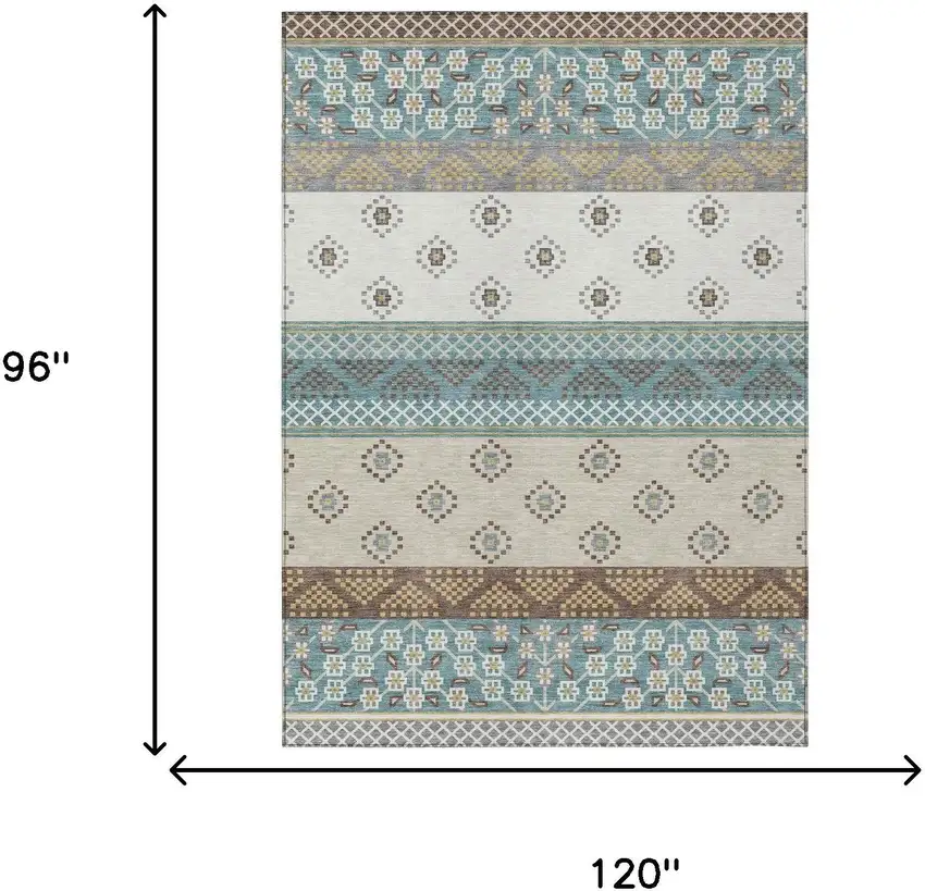 Teal Blue And Beige Striped Washable Indoor Outdoor Area Rug Photo 9
