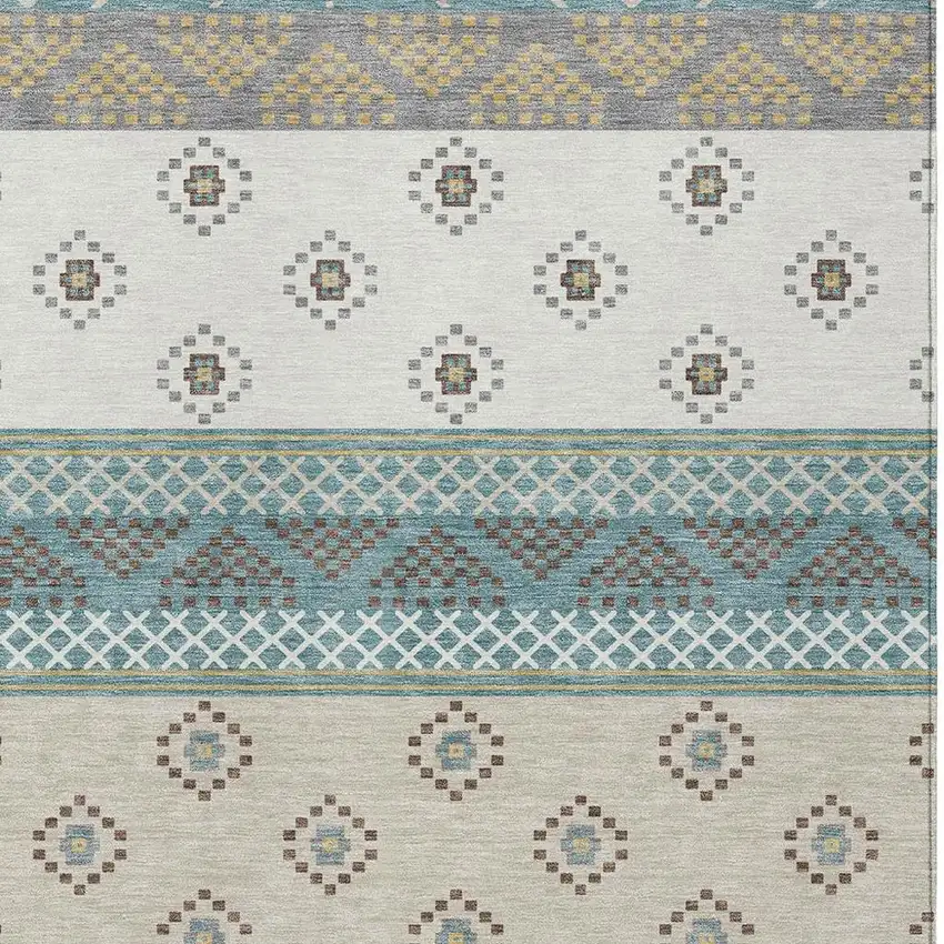 Teal Blue And Beige Striped Washable Indoor Outdoor Area Rug Photo 3