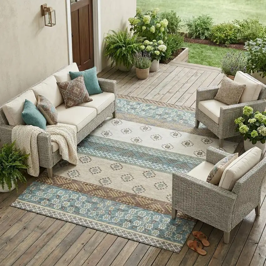 Teal Blue And Beige Striped Washable Indoor Outdoor Area Rug Photo 1