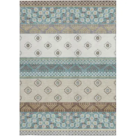 Teal Blue And Beige Striped Washable Indoor Outdoor Area Rug Photo 4
