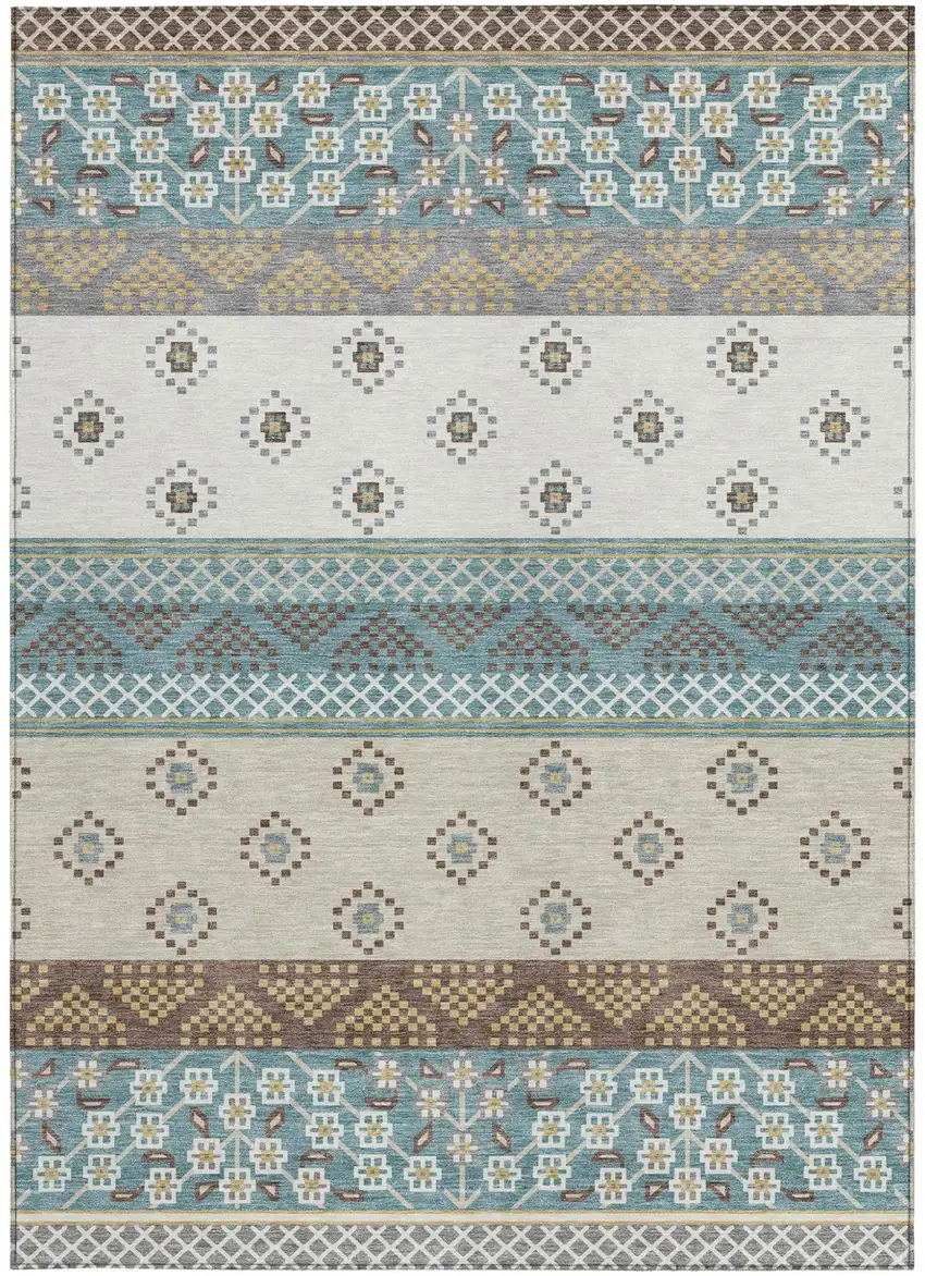 Teal Blue And Beige Striped Washable Indoor Outdoor Area Rug Photo 4