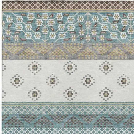 Teal Blue And Beige Striped Washable Indoor Outdoor Area Rug Photo 5