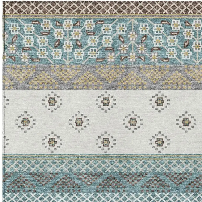 Teal Blue And Beige Striped Washable Indoor Outdoor Area Rug Photo 5