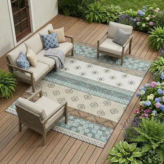 Teal Blue And Beige Striped Washable Indoor Outdoor Area Rug Photo 1