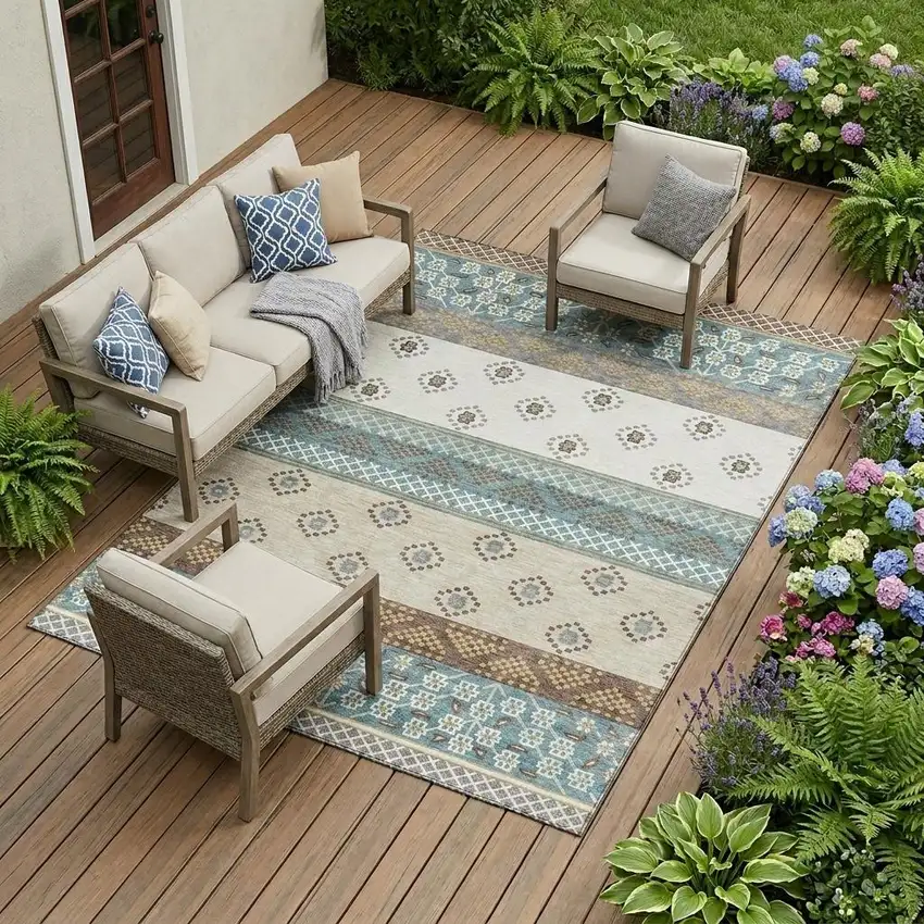 Teal Blue And Beige Striped Washable Indoor Outdoor Area Rug Photo 1