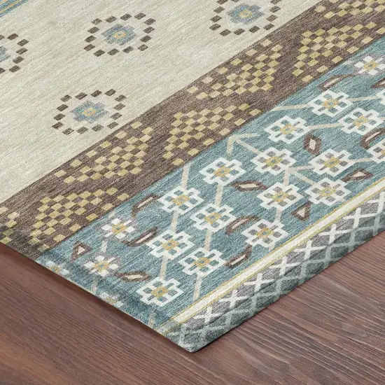 Teal Blue And Beige Striped Washable Indoor Outdoor Area Rug Photo 7